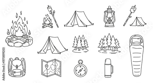 Camping gear and outdoor equipment icons.