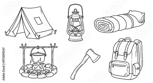 Camping gear and outdoor equipment set.