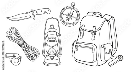 Camping gear and outdoor equipment tools.