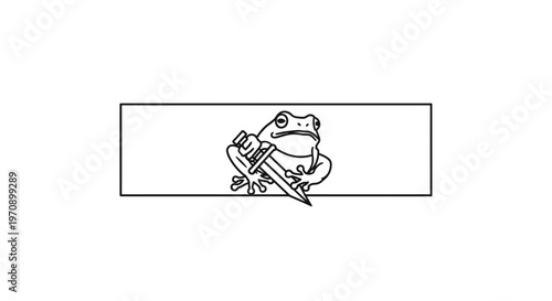 Frog Holding a Dagger, Cartoon Style, Emblematic, Black and White Line Art