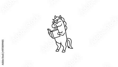 Funny cartoon horse wearing glasses reading a book, isolated on white background
