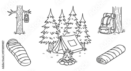 Camping gear sleeping bag backpack.