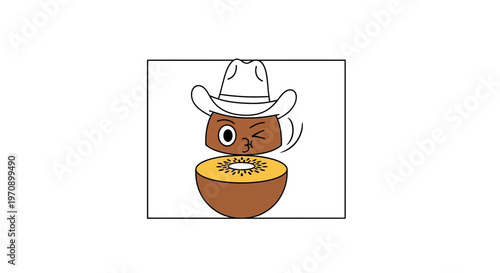 Funny cartoon kiwi fruit wearing a cowboy hat, winking and smiling
