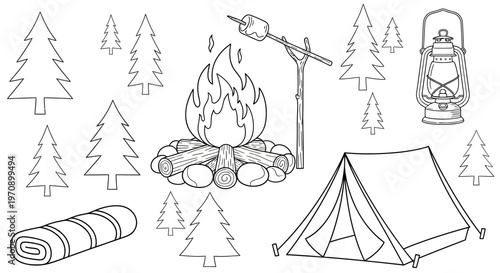 Camping gear in the wilderness outdoors.