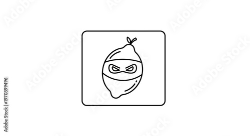 Funny cartoon lemon character dressed as a ninja, black and white line art