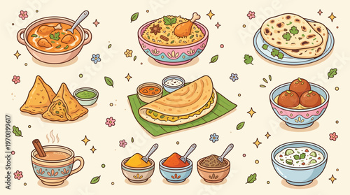A vibrant and colorful illustration showcasing a diverse spread of popular Indian dishes and beverages, presented in a charming, stylized manner.