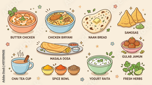 A vibrant and colorful illustration showcasing a variety of popular Indian dishes and beverages, presented in a charming, cartoonish style.