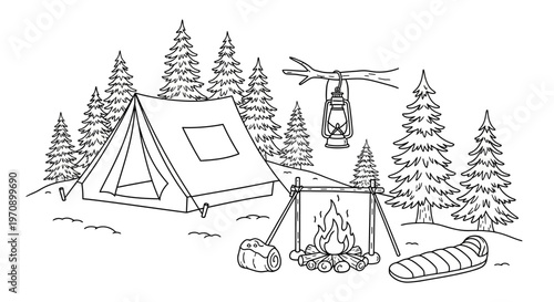 Camping Tent and Fire Setup.