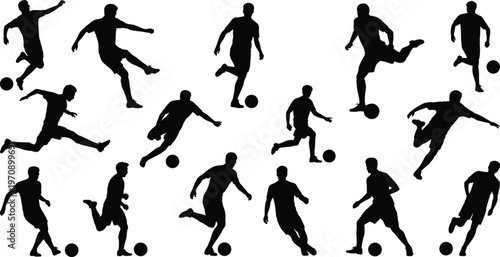 Collection of soccer player silhouettes dribbling, kicking, and controlling ball in dynamic poses, representing football sport, teamwork, and competition concept, isolated on white background