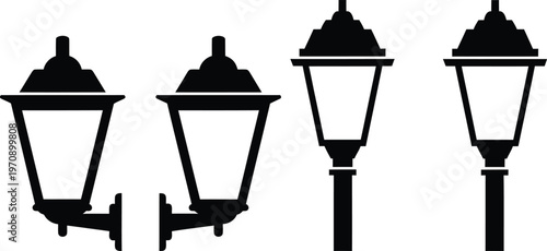 Classic street lamp silhouette set with minimal vintage light post designs isolated on white background ideal for urban, architecture and graphic design use
