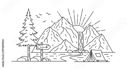Camping Tent in Mountain Landscape Scene.
