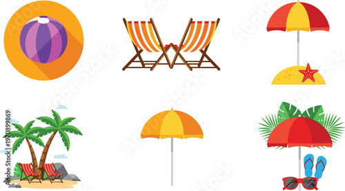 Summer Beach Vacation Icon Set with Umbrella Deck Chairs Palm Trees Sunglasses and Tropical Holiday Elements Flat Vector Collection
