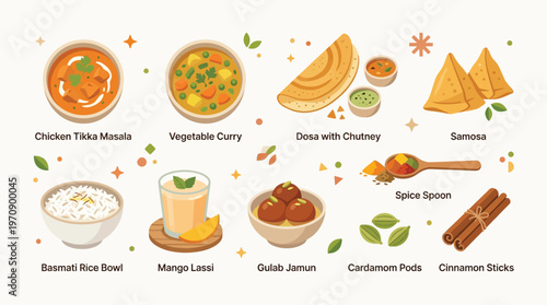 A vibrant collection of popular Indian dishes and ingredients, showcasing a culinary journey through diverse flavors and textures.