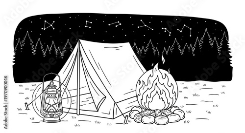 Camping Tent with Fire and Lantern.
