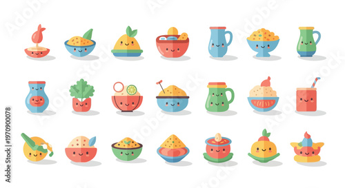 A delightful collection of kawaii-style food and drink illustrations, featuring anthropomorphic bowls, cups, and fruits with adorable facial expressions.