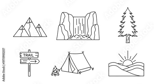 Camping Trail Sign and Tent Icons.
