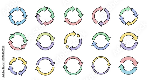 Circular Arrows Vector Set: Refresh, Recycle, Loop, and Process Icons in Pastel Colors