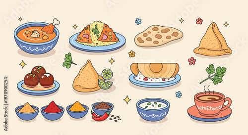 A vibrant illustration showcasing a variety of traditional Indian dishes, spices, and beverages like curry, biryani, samosas, naan, dosa, gulab jamun, and chai.