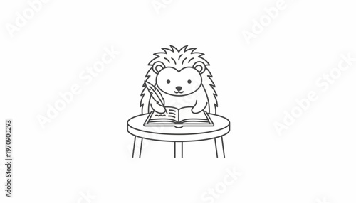Cute Hedgehog Writing in Book with Quill Pen on Small Table - Line Art