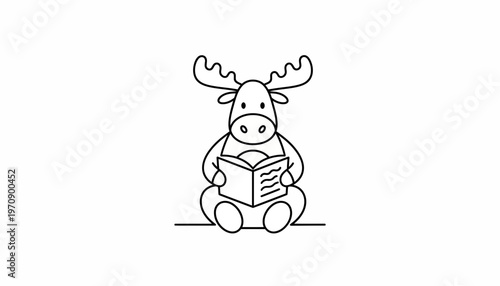 Cute Moose Reading Book, Funny Animal Character, Education Concept, Vector Illustration
