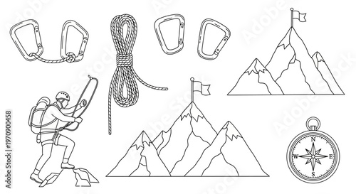 Climber with gear and mountain peaks.