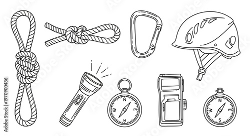 Climbing equipment and safety gear.