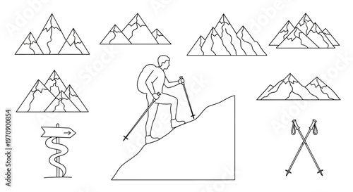 Hiker climbing mountain with trekking poles.