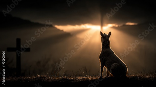 Silhouette of a dog sitting, looking towards a cross with a sunlit, ray-filled, cloudy sky
