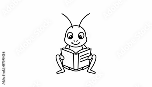 Cute cartoon ant reading a book, black and white illustration, educational concept
