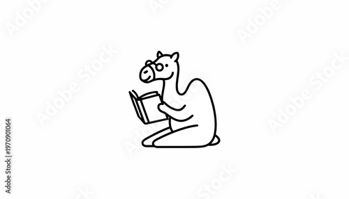 Cute cartoon camel wearing glasses, reading a book, sitting down, white background