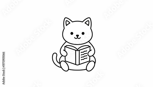 Cute cartoon cat reading a book, black and white line art illustration