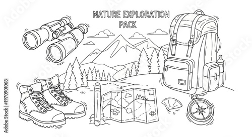 Hiking backpack and travel accessories.