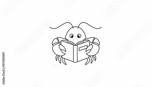 Cute cartoon crab reading a book, black and white illustration