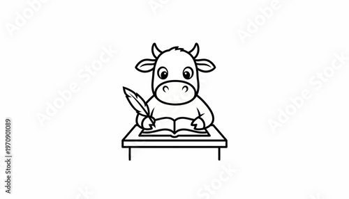 Cute cartoon cow writing with a quill pen at a desk with an open book