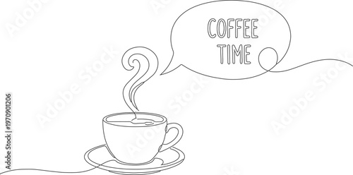 Minimalist continuous line drawing of a steaming coffee cup, coffee time text in speech bubble, simple black and white cafe vector illustration