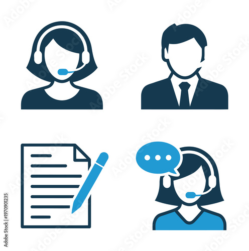 Vector of customer service representatives with headsets providing support and communication