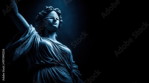 Statue of a blindfolded woman, symbolizing justice, in a dramatic, dark setting
