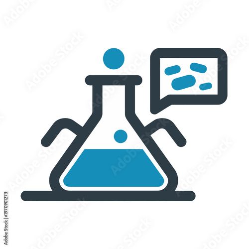 Vector of a laboratory flask with blue liquid and a speech bubble containing abstract lines representing communication or scientific discussion