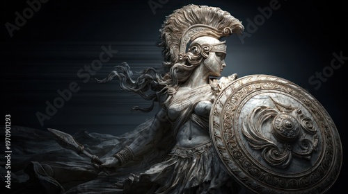 Statue of a warrior goddess, facing left, with shield, spear, and ornate helmet, in dark lighting