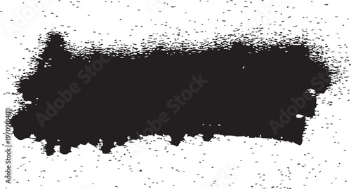 A solid black aerosol spray paint graphic on a white background, showing detailed splatters and a distressed grunge banner shape.