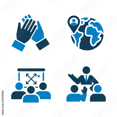 Vector depicting community collaboration with high-fiving hands, a globe with location marker, a presentation with diagrams, and a person giving a lecture to an engaged audience