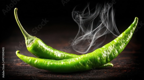 Two vibrant green chilies, steaming, placed on a dark wooden surface