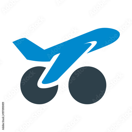 Modern vector depicting an airplane taking off with a wheel in motion.