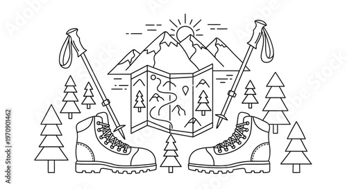 Hiking boots with trekking poles.