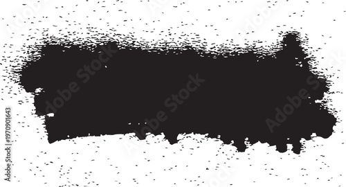 A solid black aerosol spray paint graphic on a white background, showing detailed splatters and a distressed grunge banner shape.