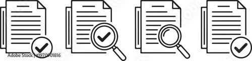 Document icons with magnifying glass and checkmark, document analysis.