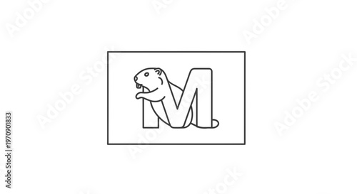 Whimsical Beaver Character Peeking Out of Letter M Logo, Cartoon Style