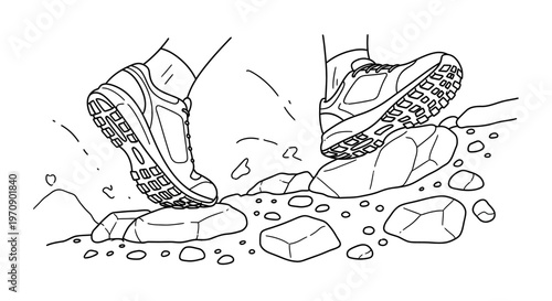 Hiking shoes on rocky trail ground.