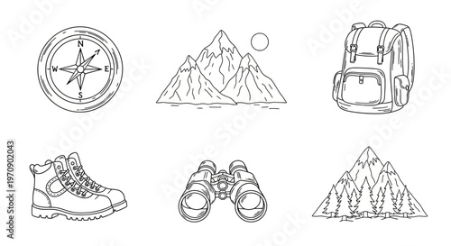 Hiking trekking outdoor adventure travel icons.