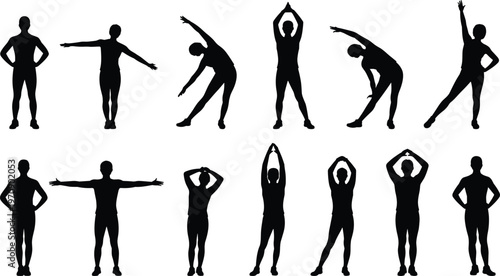 Stretching people silhouettes set showing fitness warm up exercises, body flexibility poses, healthy lifestyle and workout routine concept isolated on white background for sports design